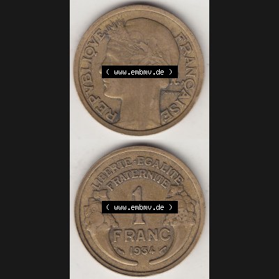 Münzen Frankreich Umlaufmünze 1931-1941, 1 Franken, 1 Franc, 1934-1 LIBERTE EGALITE FRATERNITE. Vorderseite und Rückseite vertikal auf einen digitalen Bild der alten... Sammlung