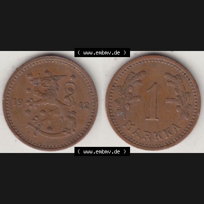 Alte Münzen KMS Finnland, Kursmünzensatz 1940-1951, 1 finnische Mark, Markka, Kupfer 1942-1. Digitales Bild / Bildmaterial mit Vorderseite und Rückseite... Sammlung