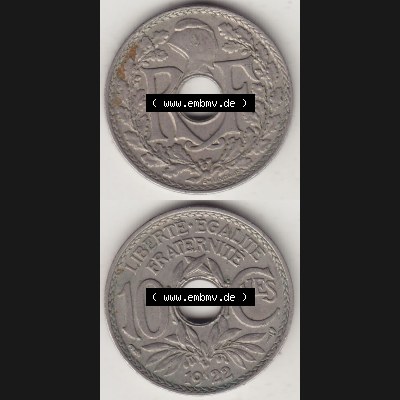 Münzen Frankreich Umlaufmünze Vollansicht 1917-1938, 10 Centimes, RF - Frankreich 10 CMES EGALITÉ FRATERNITÉ LIBERTÉ 1922-2. Vorderseite und Rückseite... Sammlung
