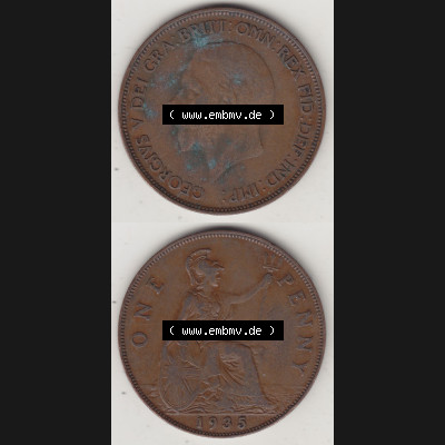 Münzen Großbritannien Umlaufmünze 1928-1936, 1 One Penny, 1935-1, George V. BM GEORGIVS V DEI GRABRITTOMNREX FIDDEFINDIMP. Vorderseite und Rückseite... Sammlung