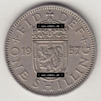 Münzen Großbritannien Umlaufmünze 1954-1970, 1 Schilling - Shilling, 1957-1 Wappen mit einen Löwen. Rückseite der alten britischen Münze aus Großbritannien... Sammlung