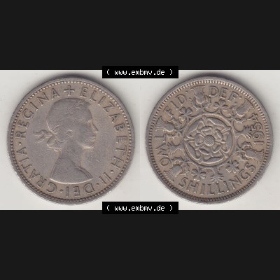 Münzen Großbritannien Umlaufmünze 1954-1970, 2 Schilling - Shillings 1954-1. Vorderseite und Rückseite horizontal auf einen digitalen Bild der alten britischen Münze... Sammlung