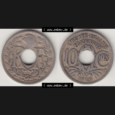 Münzen Frankreich Umlaufmünze 1917-1938, 10 Centimes - Cmes 1925. Vorderseite und Rückseite horizontal auf einen digitalen Bild der alten französischen Umlaufmünze... Sammlung