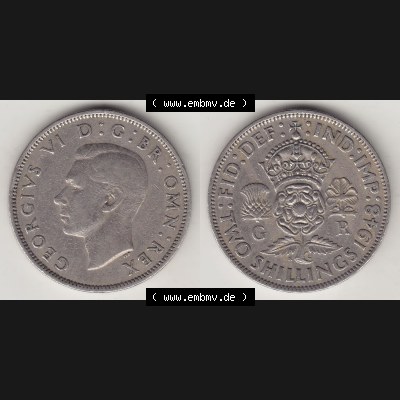 Münzen Großbritannien Umlaufmünze 1947-1948, 2 Schilling - Shillings 1948-1. Vorderseite und Rückseite horizontal auf einen digitalen Bild der alten britischen Münze... Sammlung