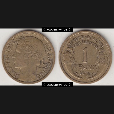 Münzen Frankreich Umlaufmünze 1931-1941, 1 Franken, 1 Franc, 1936-1 LIBERTE EGALITE FRATERNITE. Vorderseite und Rückseite horizontal auf einen digitalen Bild der... Sammlung