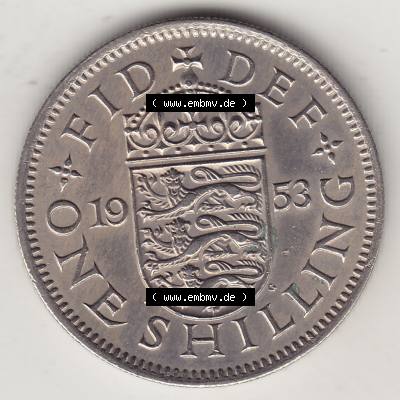 Münzen Großbritannien Umlaufmünze 1954-1970, 1 Schilling - One Shilling, 1953-2 Wappen mit drei Löwen. Rückseite der alten britischen Münze aus Großbritannien... Sammlung