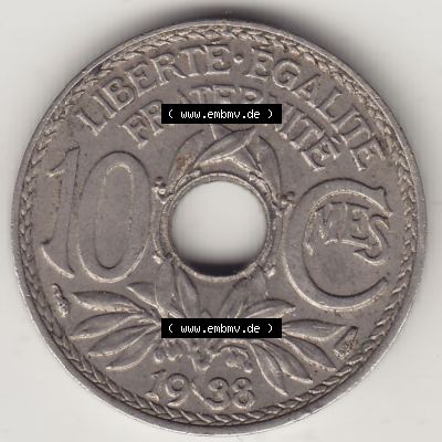 Münzen Frankreich Umlaufmünze 1917-1938, 10 Centimes - Cmes 1938. Rückseite der alten französischen Umlaufmünze 10 Cmes - Centimes - Cent aus Frankreich in der Francs-Währung... Sammlung