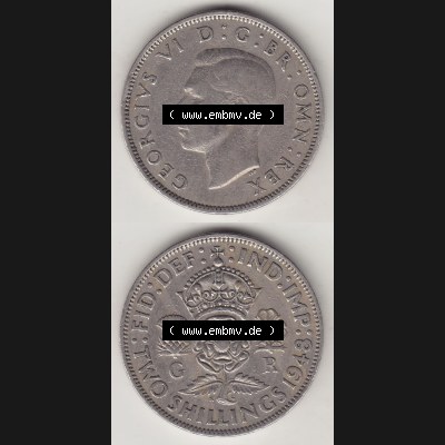 Münzen Großbritannien Umlaufmünze 1947-1948, 2 Schilling - Shillings 1948-1. Vorderseite und Rückseite vertikal untereinander auf einen digitalen Bild der alten britischen... Sammlung