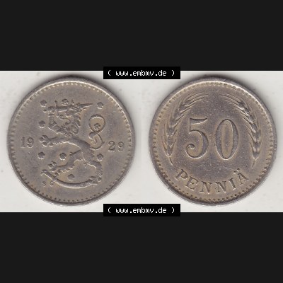 Alte Münzen KMS Finnland, Kursmünzensatz 1921-1940, 50 Penny, Penniä 1929. Digitales Bild / Bildmaterial mit Vorderseite und Rückseite einer Münze... Sammlung