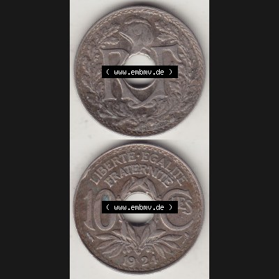 Münzen Frankreich Umlaufmünze Vollansicht 1917-1938, 10 Centimes, 10 CMES EGALITÉ FRATERNITÉ LIBERTÉ 1924-1. Vorderseite und Rückseite vertikal auf... Sammlung