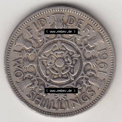 Münzen Großbritannien Umlaufmünze 1954-1970, 2 Schilling - Shillings 1961-2. Rückseite der alten britischen Münze aus Großbritannien zum katalogisieren und... Sammlung