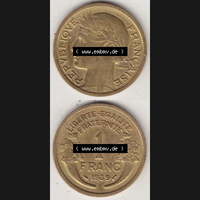 Alte Münzen KMS Frankreich, aus Kursmünzensatz-Zusammenstellung der Jahre 1917-1952, mit der Münze 1931-1941, 1 Franken, Franc, 1939-1. Vorderseite und... Sammlung