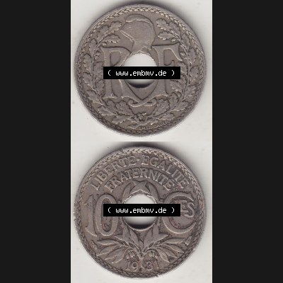 Münzen Frankreich Umlaufmünze Vollansicht 1917-1938, 10 Centimes, RF - Frankreich 10 CMES EGALITÉ FRATERNITÉ LIBERTÉ 1931-1. Vorderseite und Rückseite... Sammlung