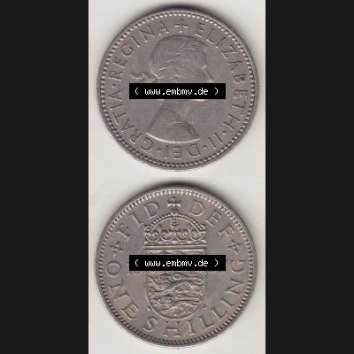 Münzen Großbritannien Umlaufmünze 1954-1970, 1 Schilling - Shilling, 1957-2 Wappen mit 3 Löwen. Vorderseite und Rückseite vertikal untereinander auf einen digitalen... Sammlung