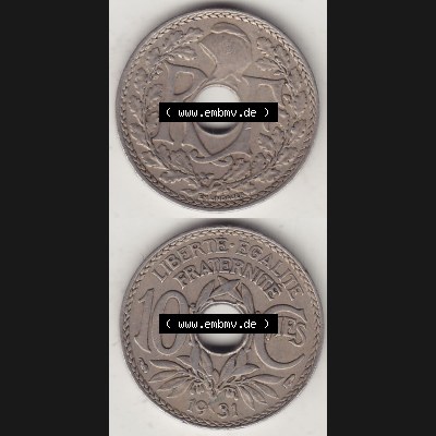 Münzen Frankreich Umlaufmünze Vollansicht 1917-1938, 10 Centimes, 10 CMES EGALITÉ FRATERNITÉ LIBERTÉ 1931-1. Vorderseite und Rückseite vertikal auf... Sammlung