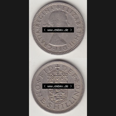 Münzen Großbritannien Umlaufmünze 1954-1970, 1 Schilling - Shilling, 1956-2 Wappen mit 3 Löwen. Vorderseite und Rückseite vertikal untereinander auf einen digitalen... Sammlung