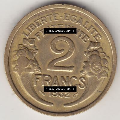 Alte Münzen KMS Frankreich, aus Kursmünzensatz-Zusammenstellung der Jahre 1917-1952, mit der Münze 1931-1941, 2 Franken, Francs, 1932-1. Rückseite... Sammlung