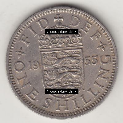 Münzen Großbritannien Umlaufmünze 1954-1970, 1 Schilling - Shilling, 1955-2 Wappen mit drei Löwen. Rückseite der alten britischen Münze aus Großbritannien... Sammlung