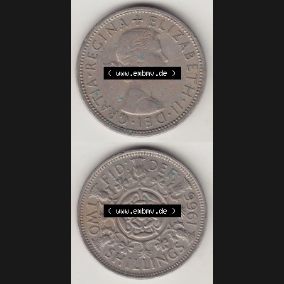 Münzen Großbritannien Umlaufmünze 1954-1970, 2 Schilling - Shillings 1966-2. Vorderseite und Rückseite vertikal untereinander auf einen digitalen Bild der alten britischen... Sammlung