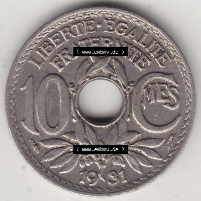 Münzen Frankreich Umlaufmünze Einzelansicht 1917-1938, 10 Centimes, 10 CMES EGALITÉ FRATERNITÉ LIBERTÉ 1931-2. Rückseite der alten französischen... Sammlung