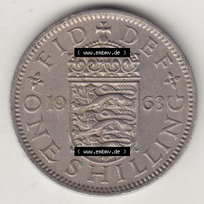Münzen Großbritannien Umlaufmünze 1954-1970, 1 Schilling - Shilling, 1963-1 Wappen mit drei Löwen. Rückseite der alten britischen Münze aus Großbritannien... Sammlung