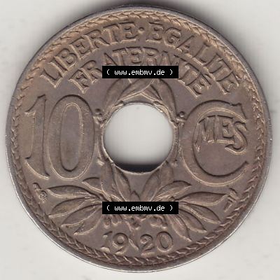 Münzen Frankreich Umlaufmünze Einzelansicht 1917-1938, 10 Centimes, 10 CMES EGALITÉ FRATERNITÉ LIBERTÉ 1920-1. Rückseite der alten französischen... Sammlung