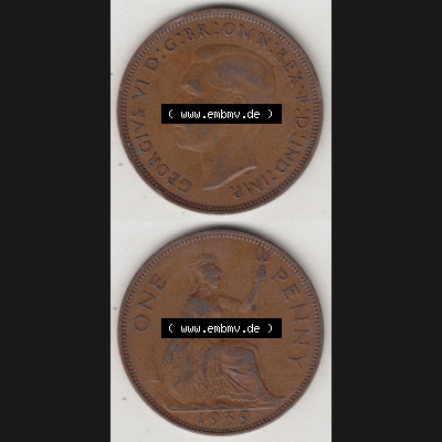 Münzen Großbritannien Umlaufmünze 1937-1948. 1 One Penny 1939-1, George VI, GEORGIVS VI DGBROMNREX FDINDIMP. HP. Vorderseite und Rückseite vertikal... Sammlung