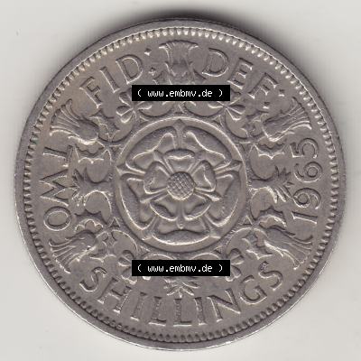 Münzen Großbritannien Umlaufmünze 1954-1970, 2 Schilling - Shillings 1965-1. Rückseite der alten britischen Münze aus Großbritannien zum katalogisieren und... Sammlung