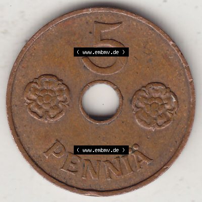 Alte Münzen KMS Finnland, Kursmünzensatz 1941-1943, 5 Penny, Penniä, Kupfer 1941-1. Rückseite mit Wert-Zahl bzw. Nennwert einer Münze aus... Sammlung