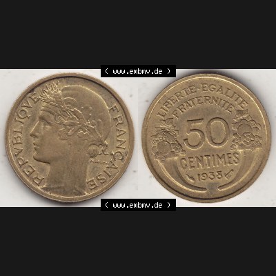 Alte Münzen KMS Frankreich, aus Kursmünzensatz-Zusammenstellung der Jahre 1917-1952, mit der Münze 1931-1947, 50 Centimes, 1938-1. Vorderseite und Rückseite... Sammlung