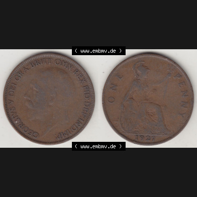 Münzen Großbritannien Umlaufmünze 1927-1927, 1 One Penny, 1927-2, George V, BM GEORGIVS V DEI GRABRITTOMNREX FIDDEFINDIMP. Vorderseite und Rückseite... Sammlung