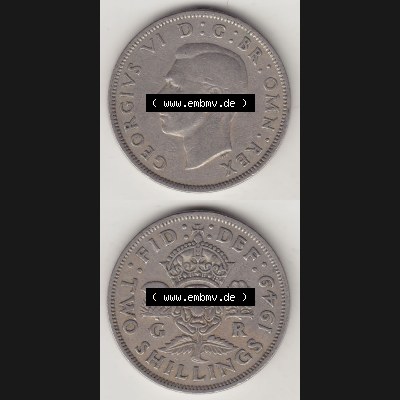 Münzen Großbritannien Umlaufmünze 1949-1951, 2 Schilling - Shillings 1949-1. Vorderseite und Rückseite vertikal untereinander auf einen digitalen Bild der alten britischen... Sammlung