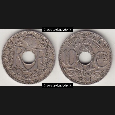 Münzen Frankreich Umlaufmünze 1917-1938, 10 Centimes - Cmes 1936. Vorderseite und Rückseite horizontal auf einen digitalen Bild der alten französischen Umlaufmünze... Sammlung