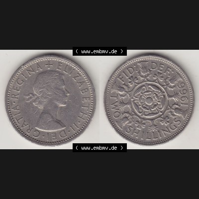 Münzen Großbritannien Umlaufmünze 1954-1970, 2 Schilling - Shillings 1966-4. Vorderseite und Rückseite horizontal auf einen digitalen Bild der alten britischen Münze... Sammlung