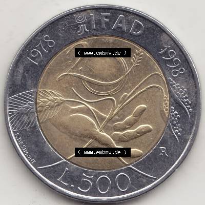 Bildmaterial von Münzen aus Italien / Italia Gedenkmünzen 1998-1998, 500 Lire, 20 Jahre Internationaler Fonds für die landwirtschaftliche Entwicklung (1978-1998)-1.... Sammlung