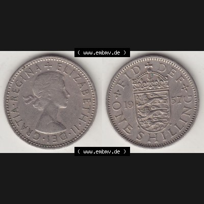Münzen Großbritannien Umlaufmünze 1954-1970, 1 Schilling - Shilling, 1957-2 Wappen mit drei Löwen. Vorderseite und Rückseite horizontal auf einen digitalen... Sammlung