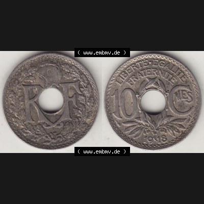 Münzen Frankreich Umlaufmünze Vollansicht 1917-1938, 10 Centimes, 10 CMES EGALITÉ FRATERNITÉ LIBERTÉ 1918-2. Beidseitiges Bildmaterial einer Umlaufmünze... Sammlung
