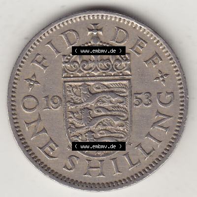 Münzen Großbritannien Umlaufmünze 1954-1970, 1 Schilling - One Shilling, 1953-1 Wappen mit drei Löwen. Rückseite der alten britischen Münze aus Großbritannien... Sammlung