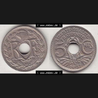 Alte Münzen KMS Frankreich, aus Kursmünzensatz-Zusammenstellung der Jahre 1917-1952, mit der Münze 1920-1938, 5 Cmes, Centimes 1937-1. Vorderseite und Rückseite... Sammlung