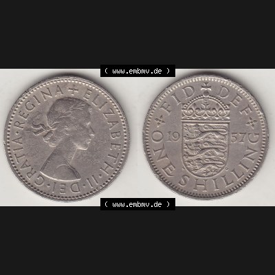Münzen Großbritannien Umlaufmünze 1954-1970, 1 Schilling - Shilling, 1957-1 Wappen mit drei Löwen. Vorderseite und Rückseite horizontal auf einen digitalen... Sammlung