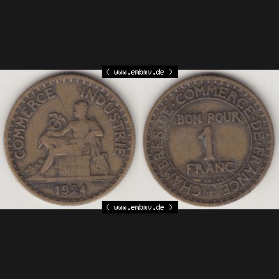 Münzen Frankreich Umlaufmünze 1920-1927, 1 Franken BON POUR 1 FRANC 1924-1. Vorderseite und Rückseite horizontal auf einen digitalen Bild der alten französischen Umlaufmünze... Sammlung