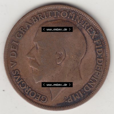 Münzen Großbritannien Umlaufmünze 1911-1926, 1 One Penny, 1913-1, George V, B.M. GEORGIVS V DEI GRABRITTOMNREX FIDDEFINDIMP. Vorderseite der... Sammlung