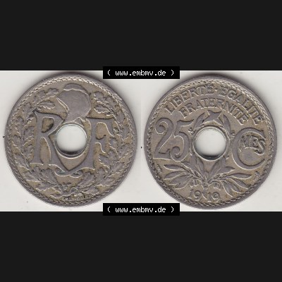 Münzen Frankreich Umlaufmünze 1917-1937, 25 Cmes, Centimes 1919-1 LIBERTE EGALITE FRATERNITE. Vorderseite und Rückseite horizontal auf einen digitalen Bild der alten französischen... Sammlung