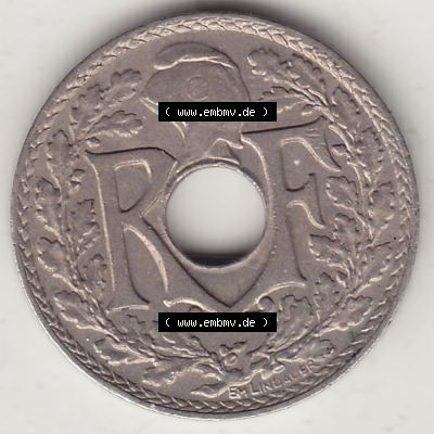 Alte Münzen KMS Frankreich, aus Kursmünzensatz-Zusammenstellung der Jahre 1917-1952, mit der Münze 1920-1938, 5 Cmes, Centimes 1937-1. Vorderseite der alten... Sammlung