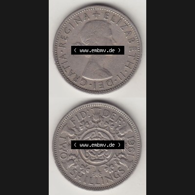 Münzen Großbritannien Umlaufmünze 1954-1970, 2 Schilling - Shillings 1961-1. Vorderseite und Rückseite vertikal untereinander auf einen digitalen Bild der alten britischen... Sammlung