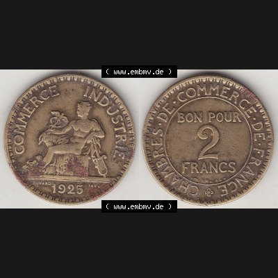 Münzen Frankreich Umlaufmünze 1920-1927, 2 Franken 1925-1, BON POUR 2 FRANCS CHAMBRES DE COMMERCE DE FRANCE. Vorderseite und Rückseite horizontal auf einen digitalen Bild... Sammlung