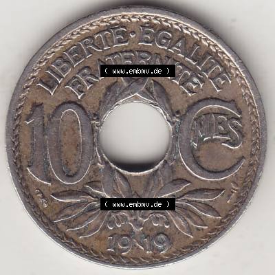 Münzen Frankreich Umlaufmünze Einzelansicht 1917-1938, 10 Centimes, RF - Frankreich 10 CMES EGALITÉ FRATERNITÉ LIBERTÉ 1919-1. Rückseite der alten... Sammlung
