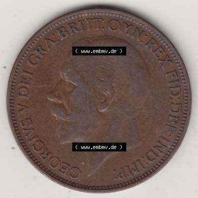 Münzen Großbritannien Umlaufmünze 1927-1927, 1 One Penny, 1927-1, George V, BM GEORGIVS V DEI GRABRITTOMNREX FIDDEFINDIMP. Vorderseite der alten britischen... Sammlung