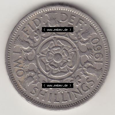Münzen Großbritannien Umlaufmünze 1954-1970, 2 Schilling - Shillings 1960-1. Rückseite der alten britischen Münze aus Großbritannien zum katalogisieren und... Sammlung