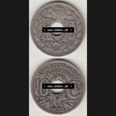 Münzen Frankreich Umlaufmünze Vollansicht 1917-1938, 10 Centimes, 10 CMES EGALITÉ FRATERNITÉ LIBERTÉ 1920-1. Vertikales beidseitiges Bildmaterial der Vorderseite... Sammlung